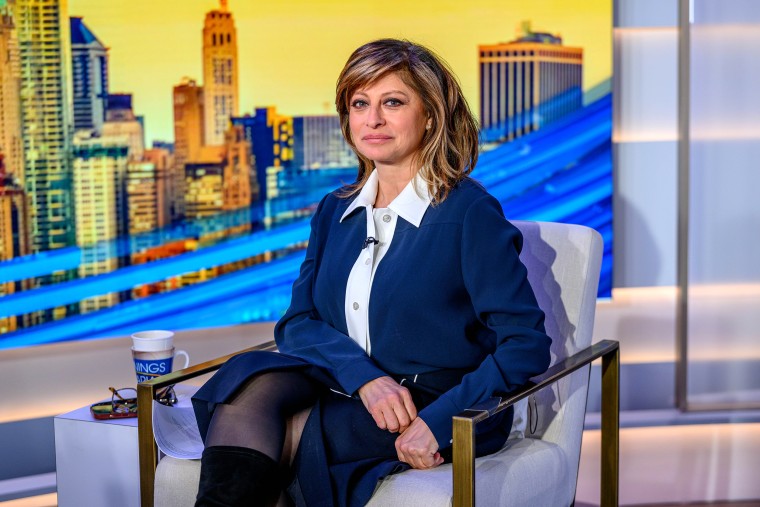 Hostess Maria Bartiromo with Lee Zeldin, former New York Senator and gubernatorial candidate during her visit "mornings with Maria" at Fox Business Network Studios on February 8, 2023 in New York City.