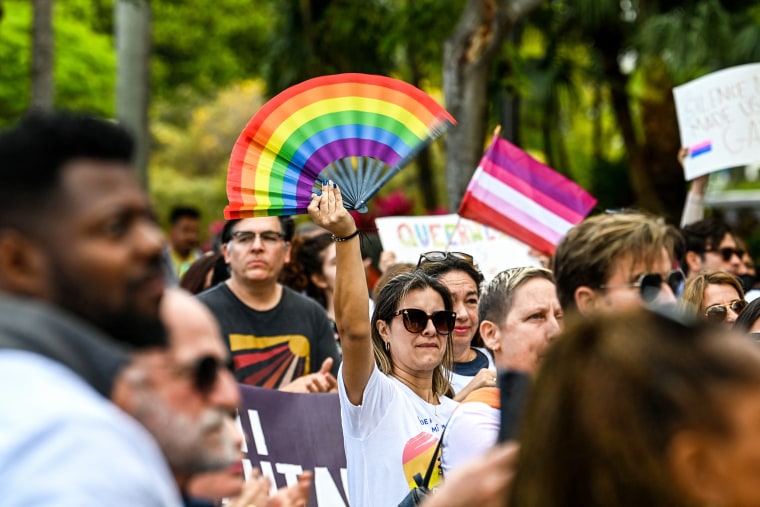 People attend the "Say Gay Anyway" rally