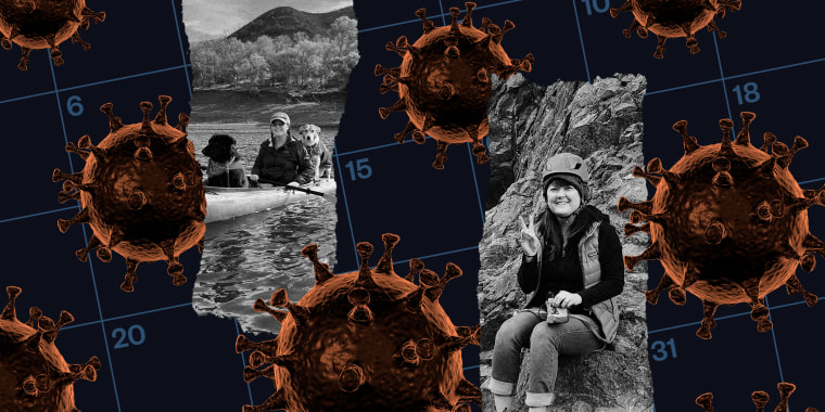 Photo illustrations: Covid viruses and photos of Alyssa Maness on top of a calendar.