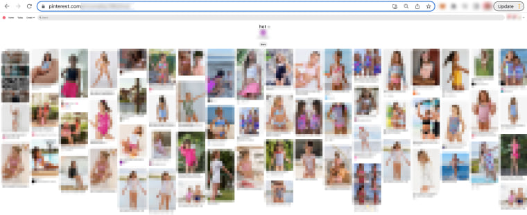 A Pinterest board featuring (blurred) images of young girls in bathing suits and leotards collected by a male user. The board is named "hot"