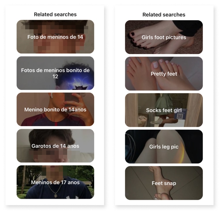 A composite of screengrabs from Pinterest. The screenshots read "Related" searches and feature categories including "Girls foot pictures" and "pretty feet"
