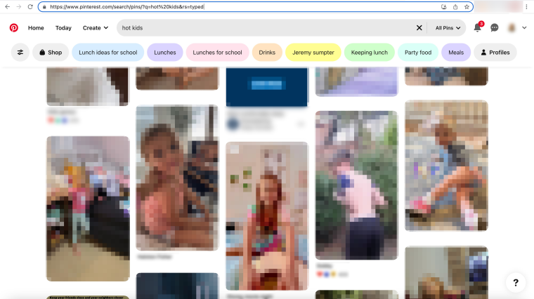 Blurred images of photos of minors (young girls and babies) suggested by Pinterest's algorithm