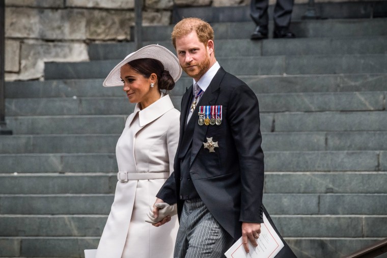 Prince Harry, Duke of Sussex and Meghan, Duchess of Sussex leave St Paul's Cathedral in London on June 3, 2022.