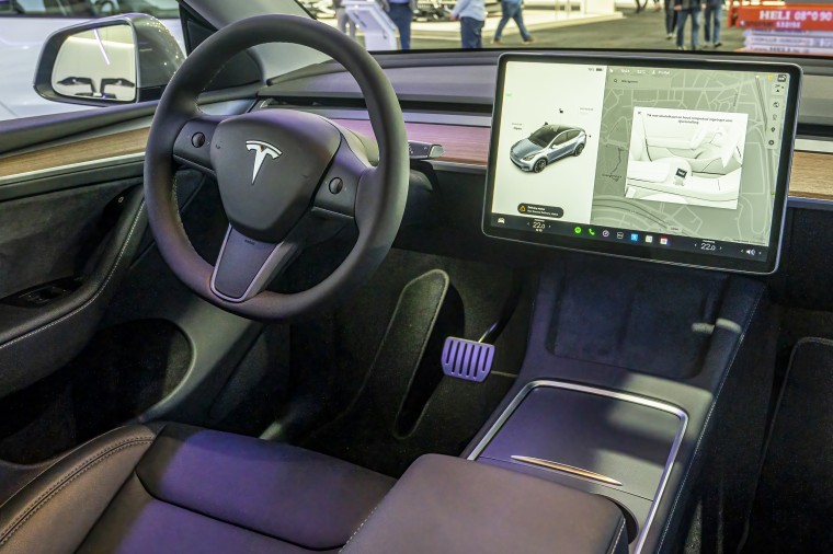 A Tesla Model Y at the Brussels Expo in Belgium on Jan. 13, 2023.