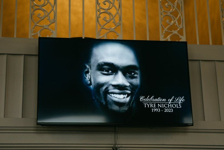 A screen shows Tire Nichols at Mississippi Boulevard Christian Church on February 1, 2023 in Memphis.