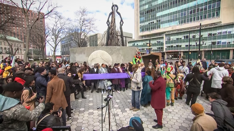 Mayor Ras Baraka of Newark, N.J., presides over the unveiling of a monument to Harriet Tubman in Washington Square Park on Feb. 9, 2023.