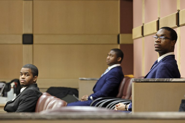 Michael Boatwright, right, Dedrick Williams, left, and Trayvon Newsome, during a hearing at the Broward County Courthouse