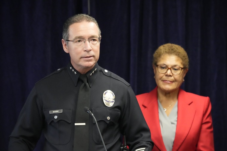 Los Angeles Police Assistant Chief Robert E. Marino, left, and Los Angeles Mayor Karen Bass denounce anti-Semitism and hate crimes at a news conference in Los Angeles Friday, Feb. 17, 2023. A person was taken into custody Thursday in connection with the shootings of two Jewish men outside synagogues in Los Angeles this week that investigators believe were hate crimes, police said.