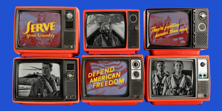 Photo illustration: Stacked television screens with alternating images from Top Gun: Maverick and vintage wartime propaganda.