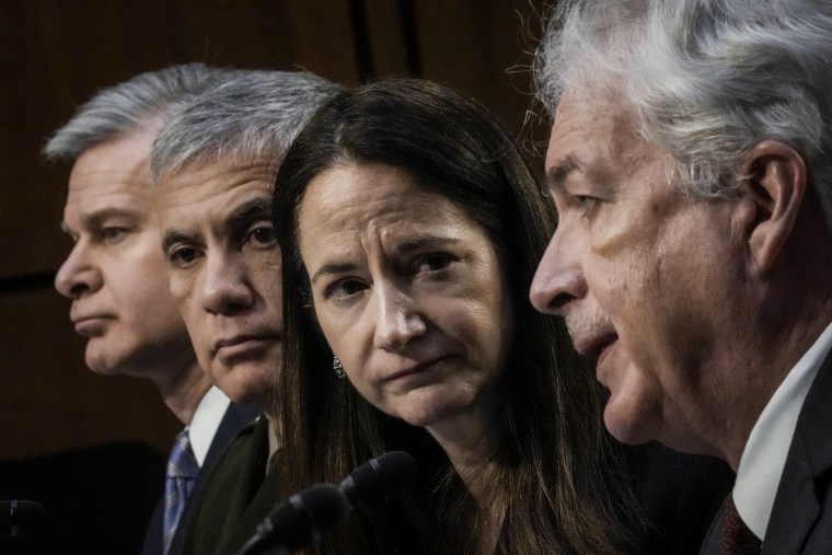 FBI Director Christopher Wray, left, NSA Director, Gen. Paul Nakasone, National Intelligence Director Avril Haines, and CIA Director William Burns, right, during a Senate hearing on March 8, 2023.