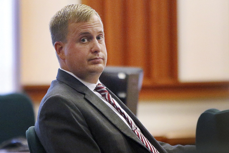 Former Idaho state Rep. Aaron von Ehlinger glances toward the gallery during the second day of testimony in his rape trial at the Ada County Courthouse, Wednesday, April 27, 2022, in Boise, Idaho. (Brian Myrick/The Idaho Press-Tribune via AP, Pool)