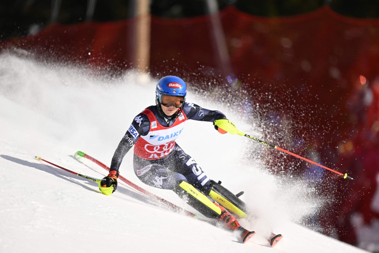 Mikaela Shiffrin competes during the Alpine World Cup in Are, Sweden