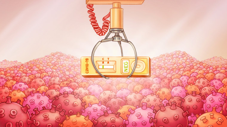 Drawn illustration of a claw machine finding a negative Covid-19 test among hundreds of Covid-19 spores.
