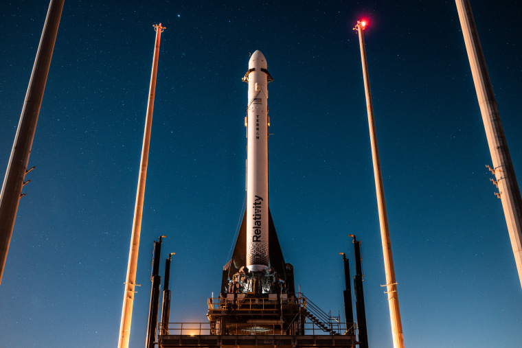 The Terran 1 rocket on its launch pad at the Cape Canaveral Space Force Station in Fla.