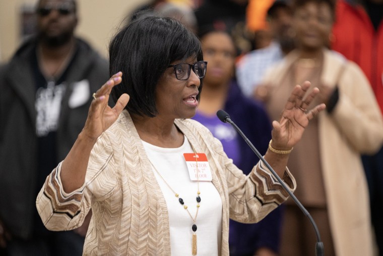 Gloria Pierrot-Dyer during the public comment portion of the Reparations Task Force meeting in Sacramento, Calif., on March 3, 2023. 