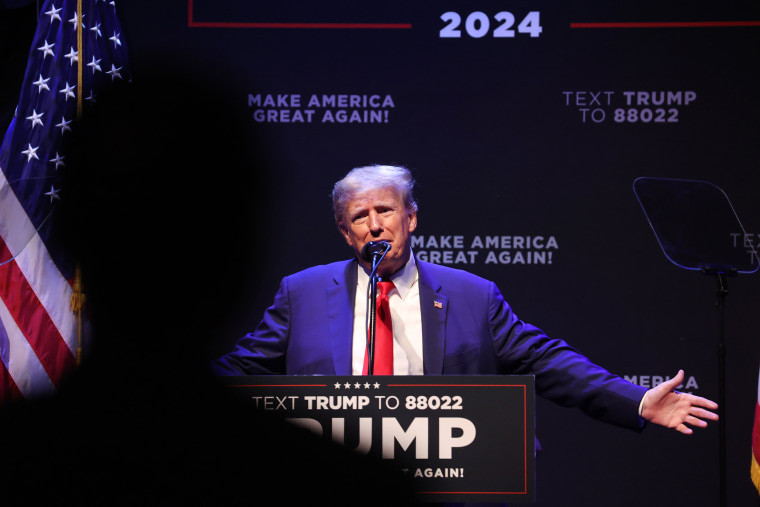 Former President Donald Trump speaks at the Adler Theatre on March 13, 2023 in Davenport, Iowa. Trump's visit follows those by potential challengers for the GOP presidential nomination, Florida Gov. Ron DeSantis and former U.N. Ambassador Nikki Haley, who hosted events in the state last week.