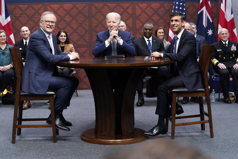 President Joe Biden participates in a meeting with British Prime Minister Rishi Sunak and Australian Prime Minister Anthony Albanese at Naval Base Point Loma, Monday, March 13, 2023, in San Diego.