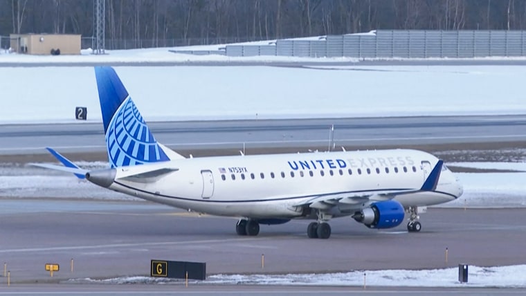 A grounded flight at Burlington International Airport in Vermont on March 12, 2023.