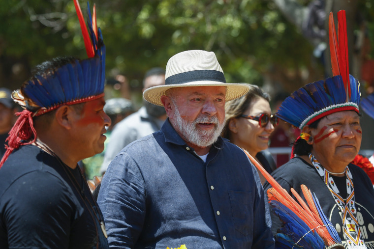Luiz Inacio Lula da Silva arrives to meet with Indigenous leaders on the Raposa Serra do Sol Indigenous reserve in Roraima state