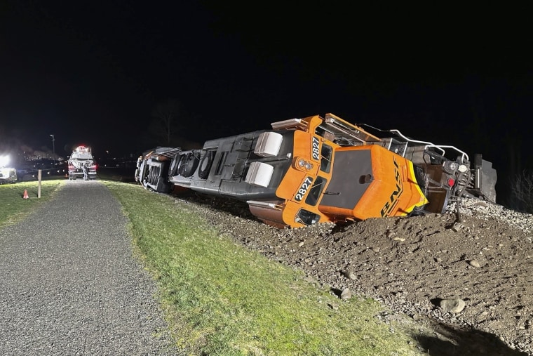 This photo provided by the Washington Department of Ecology shows a derailed BNSF train on the Swinomish tribal reservation near Anacortes, Wash. on Thursday, March 16, 2023. Two BNSF trains derailed in separate incidents in Arizona and Washington state on Thursday, with the latter spilling diesel fuel. There were no injuries reported in either. The derailment in Washington occurred on a berm along Puget Sound, on the Swinomish tribal reservation near Anacortes.