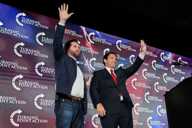 Ron DeSantis, campaigns for Republican Senate candidate J.D. Vance during in Youngstown, Ohio, in 2022.