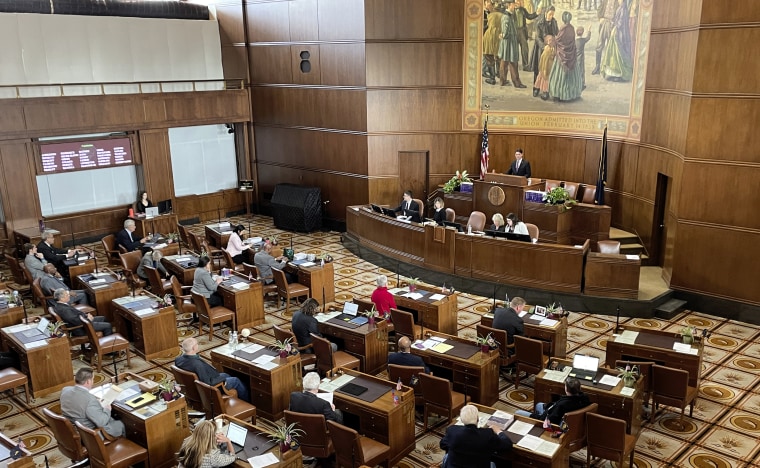 The Oregon state Senate convenes for a legislative session in Salem, Ore.