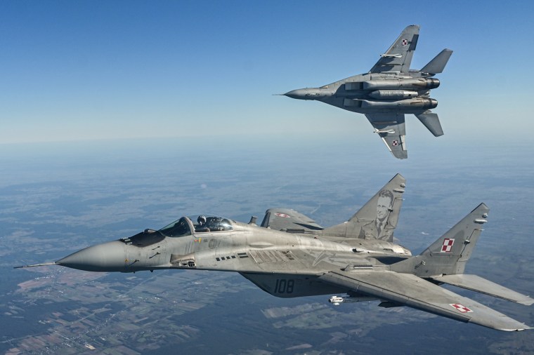 Mikoyan MIG-29 fighter jets of the Polish Air Force take part in a NATO shielding exercise at the  Lask Air Base on Oct. 12, 2022, in Lask, Poland.