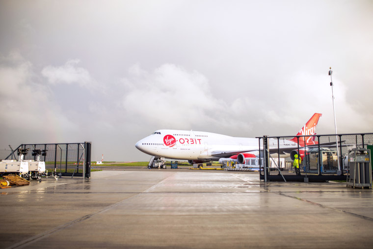 A Virgin Orbit aircraft sits on the tarmac at Cornwall Airport Newquay in Newquay, UK