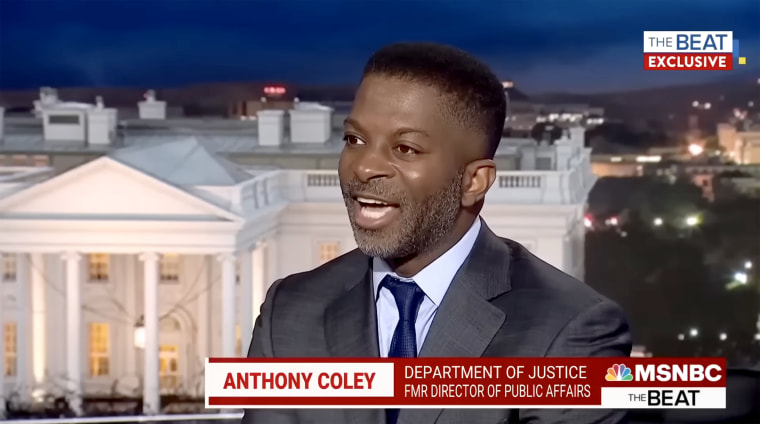 Image: Former Justice Department Director of Public Affairs Anthony Coley in a recent MSNBC appearance.