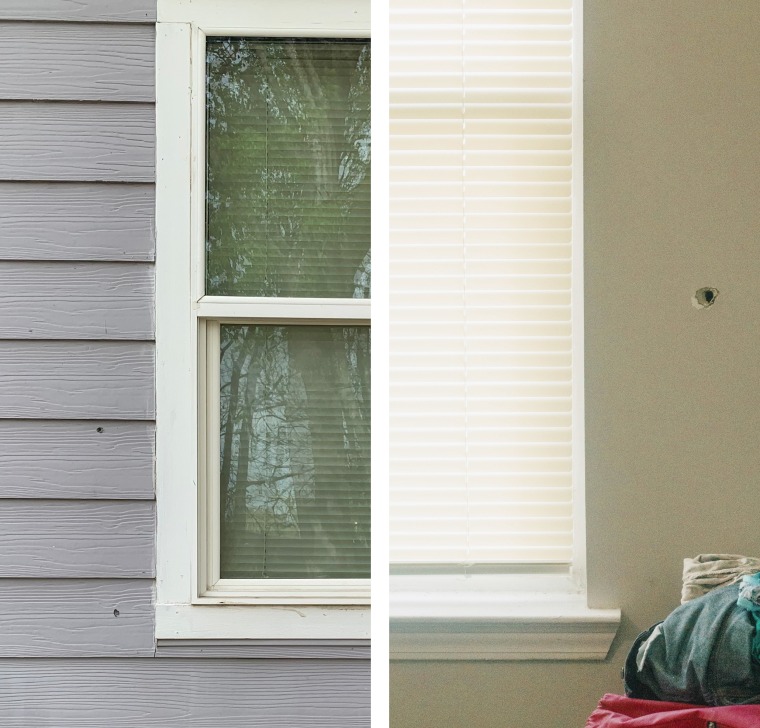 Left: A photo of bullet holes outside Latasha Smith's window;  Right: A bullet hole inside Latasha Smith's bedroom.