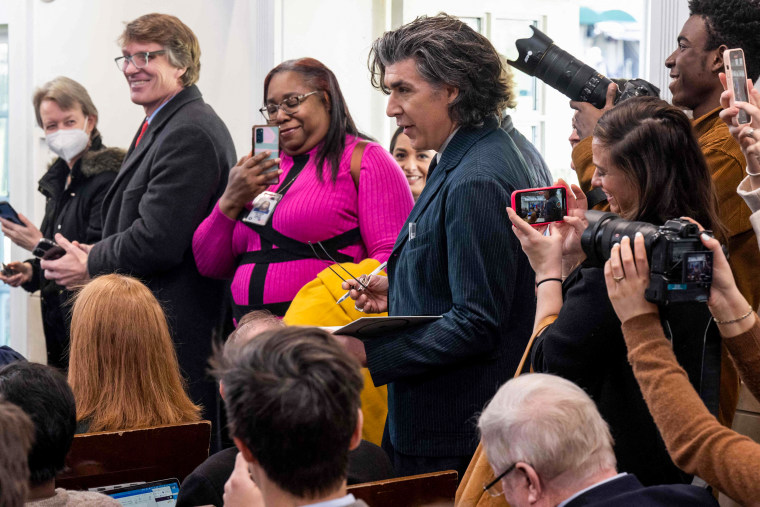 English actor James Lance asks a question in character as Trent Crimm from Apple TV's "Ted Lasso" at the White House on March 20, 2023.