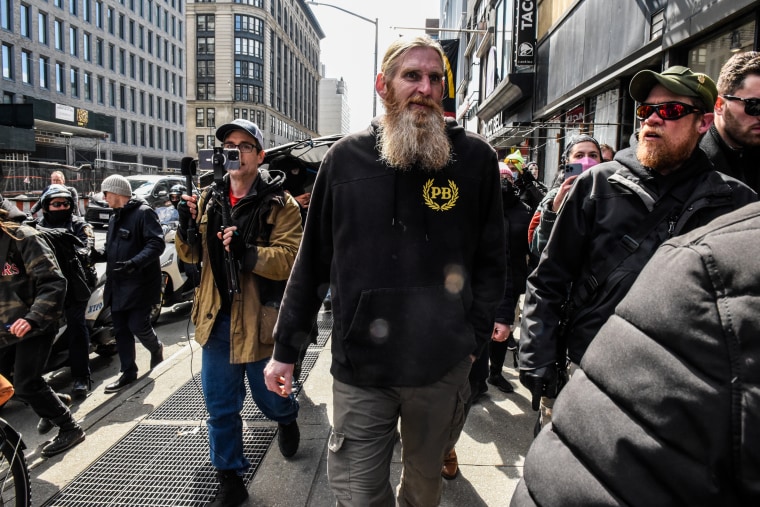 Members of the Proud Boys are escorted away by the police after protesting Drag Queen Story Hour in New York on March 19, 2023.