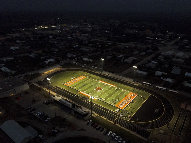 The lights of Robert Lee ISD’s track field can be seen right in the heart of Robert Lee, Texas on March 9, 2023.