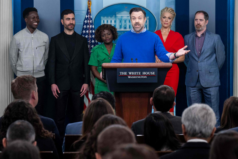 Jason Sudeikis speaks alongside his Ted Lasso colleagues at the White House on March 20, 2023.