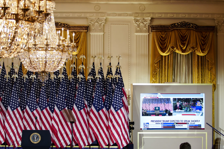 Fox News election night coverage is displayed on a monitor during a party in the East Room of the White House on Nov. 4, 2020.