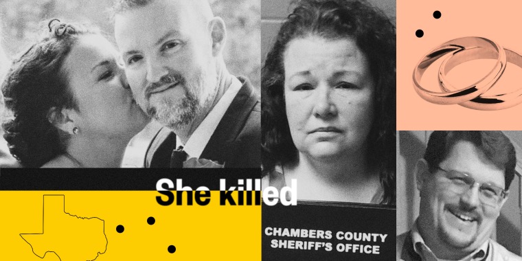Photo illustration of Sarah Hartsfield and her then husband, Joseph, on their wedding day; her booking mugshot; David Bragg; wedding rings, and the word "She killed" next to the outline of Texas.