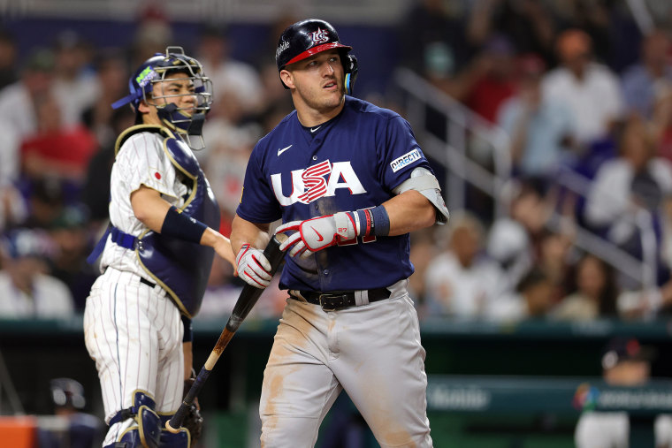 Mike Trout #27 of Team USA reacts after striking out in the third inning against Team Japan during the World Baseball Classic Championship at loanDepot park on March 21, 2023 in Miami, Florida.