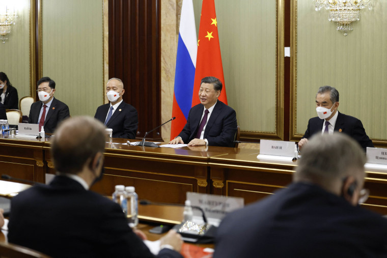 Xi Jinping during a meeting with the Russian prime minister in Moscow on Tuesday.