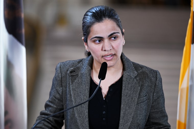 Sen. Aisha Wahab speaks at City Hall in San Francisco
