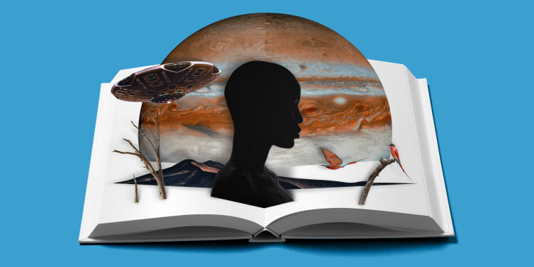 Photo illustration: A pop-up book opens with the silhouette of a Black woman and sci-fi elements coming out of it.