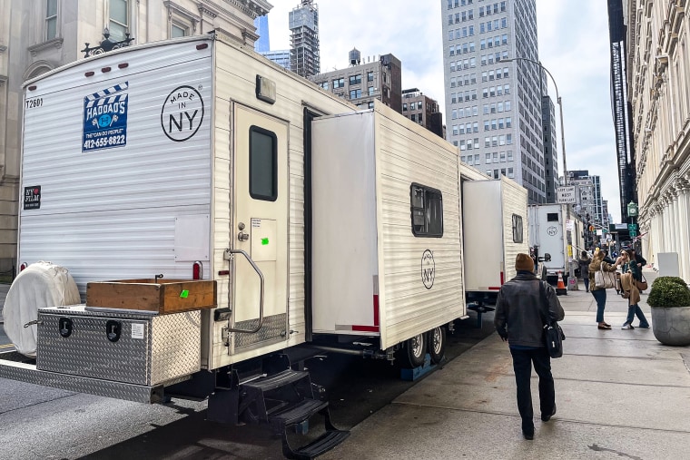 Trailers for the crew of a movie being filmed near the Manhattan courthouse. 