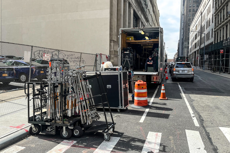 Equipment for the crew of a movie being filmed near the Manhattan courthouse.