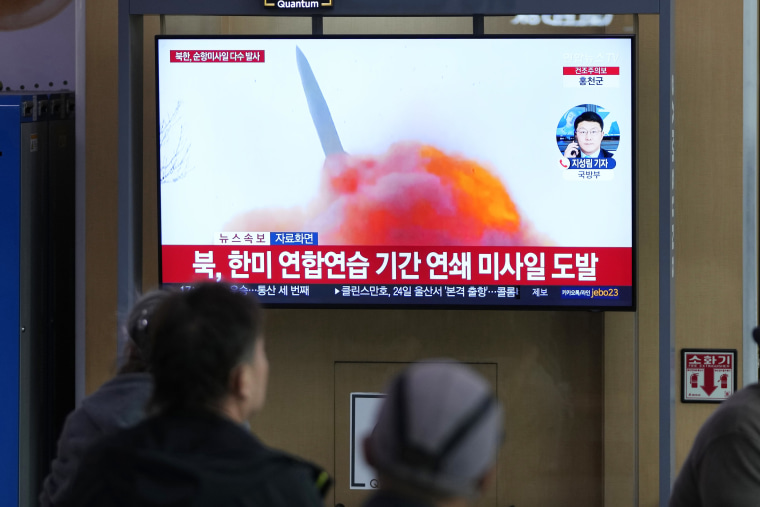 North Korea launched multiple cruise missiles toward the sea on Wednesday, South Korea's military said, three days after the North carried out what it called a simulated nuclear attack on South Korea. The letters read "North, launched multiple cruise missiles." (AP Photo/Lee Jin-man)