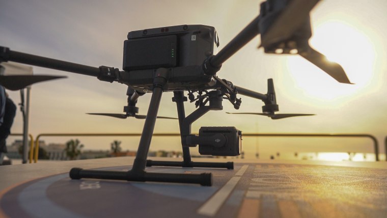 A drone prepares to off from the roof of the Santa Monica police station.