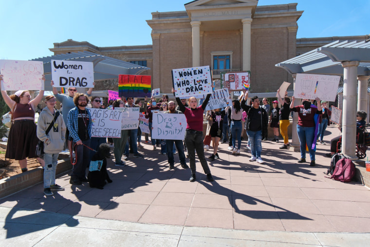Students at West Texas A&M University protest the cancellation on an on-campus drag show in Canyon, Texas, on March 21, 2023.