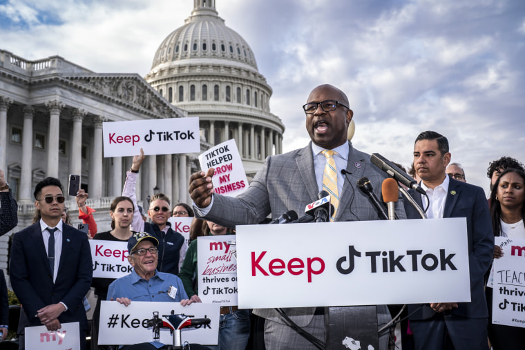 Image: Rep. Jamaal Bowman, D-N.Y., leads a rally to defend TikTok and the app's supporters, at the Capitol on March 22, 2023.