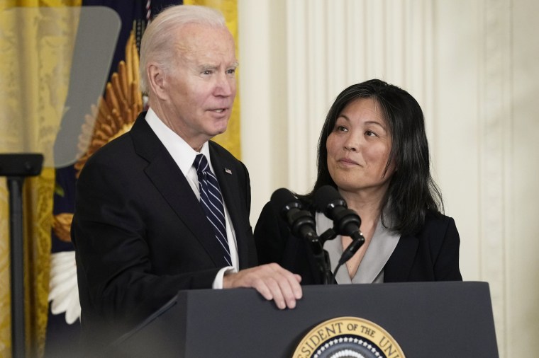 President Joe Biden and Julie Su speak at the White House