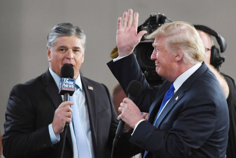 Sean Hannity interviews Donald Trump before a campaign rally in Las Vegas in 2018.