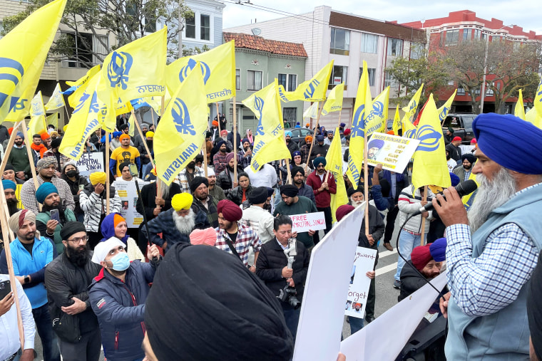 Members of the Sikh faith gather to protest in front of the Consulate General of India in San Francisco on March 19