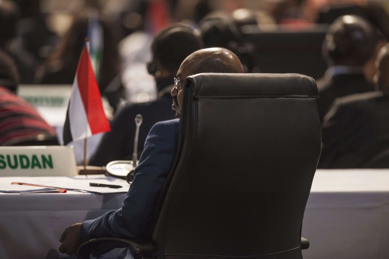 Sudanese President Omar al-Bashir joined a group photo of leaders at the African Union summit in Johannesburg on Sunday, despite calls by the International Criminal Court for his arrest at the event. 